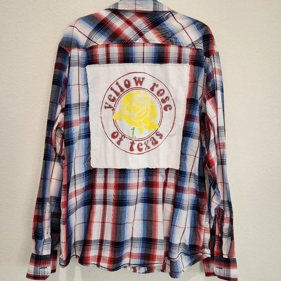 Upcycled Western Plaid Button Down Size 2XL 2x Yellow Rose of Texas - Picture 1 of 4